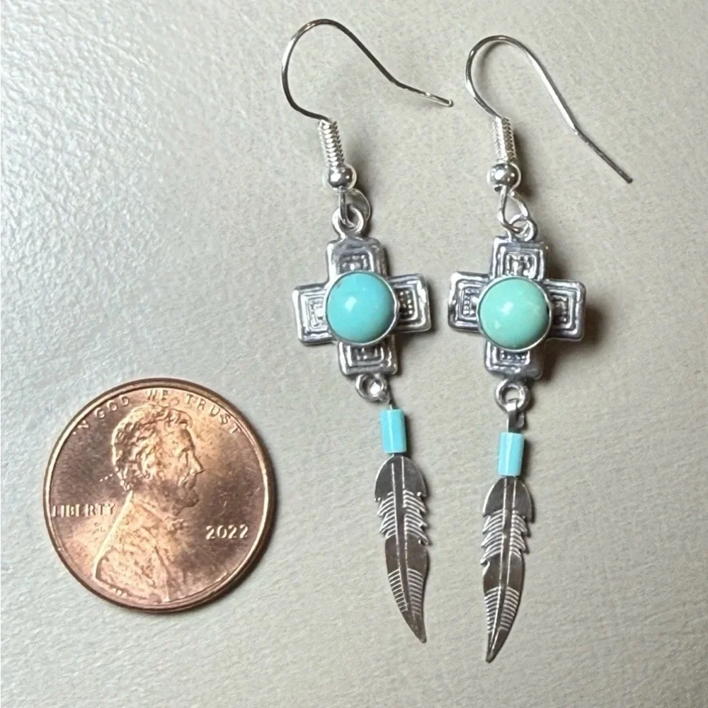 Vtg 925 Sterling Silver Southwestern Turquoise Feather Dangle Earrings by G&S